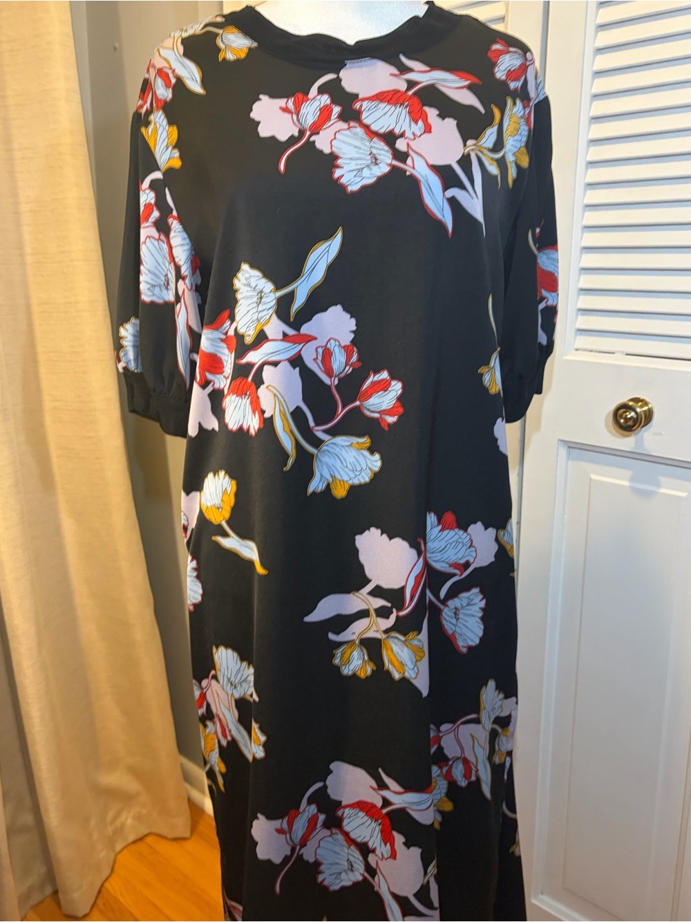 Who What Wear Black Floral Midi Dress with Pink, Red & Yellow Accents